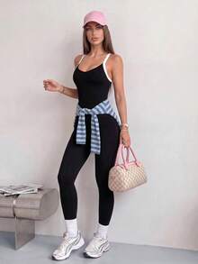 Dewbera Dewbera Women's Seamless Criss-Cross Contrast Color Running Sports Jumpsuit - Black - View 4