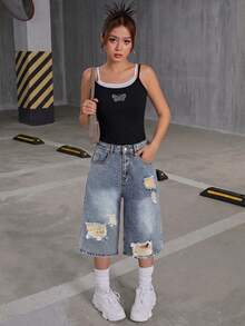 SHEIN 少女Y2K复古蓝色七分破洞牛仔裤，春夏休闲度假风流浪装，街头酷炫牛仔裤 - 淺色水洗藍 - 查看 4
