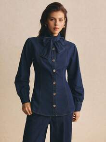 Poéselle Women's Fashion Street Button Bow Tie Lace-Up Denim Top - Dark Wash - View 3