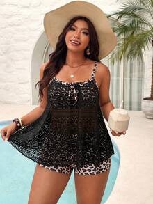 SHEIN Swim 新款女款大尺碼多色印花細肩帶上衣修身顯瘦下擺平口提臀兩件式度假休閒泳裝套裝 - 黑色 - 查看 4