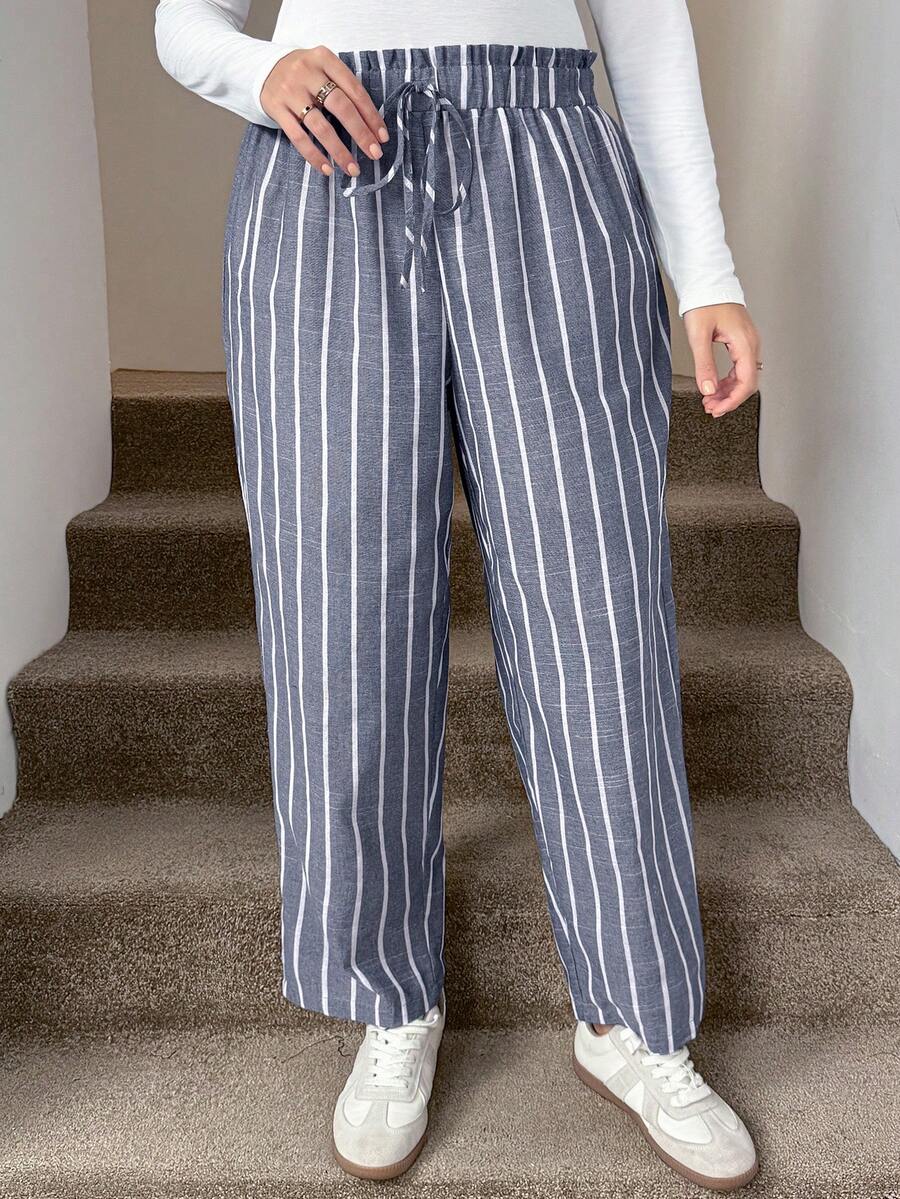 SHEIN LUNE Plus Size Casual Commuter Formal Home Wear Blue And White Pants Vacation Autumn Fall - Dark Grey - View 1