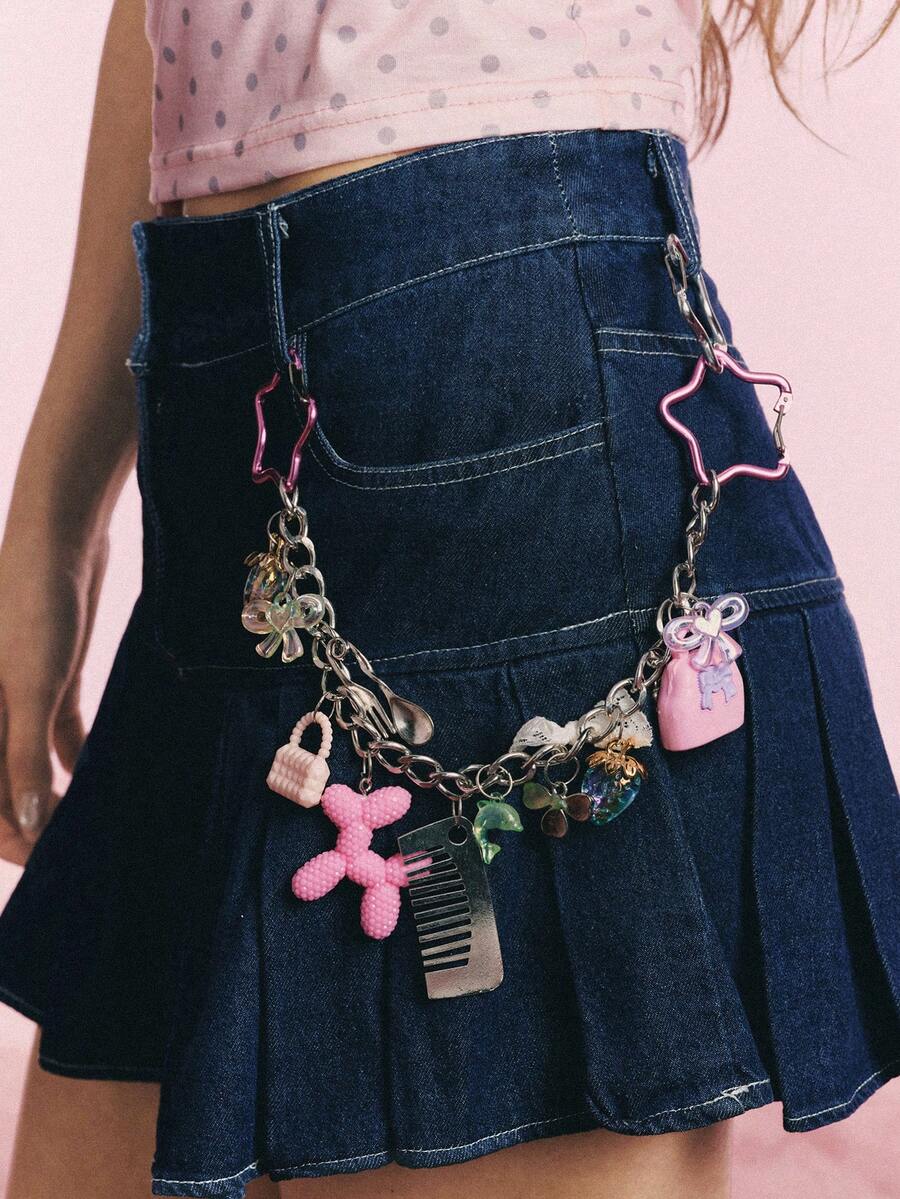 Popjeli 1pc Cute Sweet Cool Pants Chain, Dopamine, Multi-Pendant, Star, Strawberry, Bow, Bag, Comb Pendant, Suitable For Women, Back To School Season - Multicolor - View 1