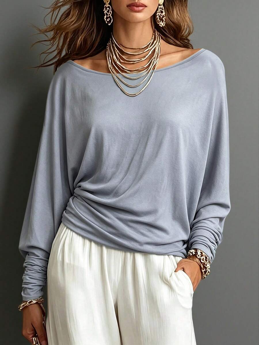 Trelyra Women's Solid Color Pleated Casual Versatile Daily Long Sleeve Top - Light Grey - View 1