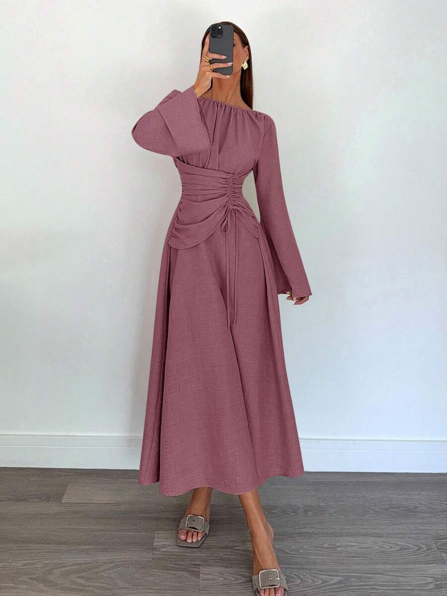 Siren Gaze Women's Minimalist Drawstring Tie Ruched Long Sleeve Dress - Dusty Pink - View 1