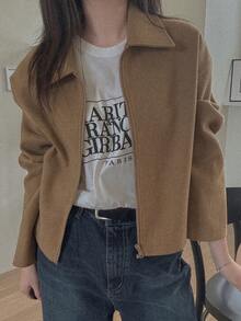 DAZY Women's Solid Color Zipper Loose Lapel Long Sleeve Casual Formal Vacation Spring Autumn Regular Wool Jacket - Brown - View 3