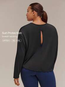 GLOWMODE Plus Size UPF50+ Sun Protection Glow On Regular Fit Long Sleeve Crewneck With Airy Back Slit & Dropped Shoulders Daily Casual Fall - Black - View 1