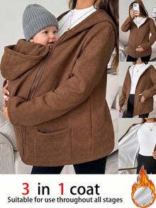 SHEIN Maternity Casual Thermal Lined Hooded 3-In-1 Jacket,Brown 3-In-1 Fleece-Lined Maternity Jacket For Autumn/Winter-Suitable For Various St - Brown - View 1