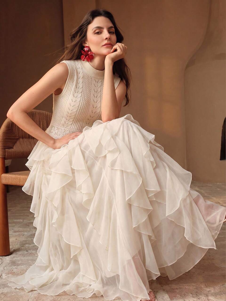 Anewsta Women's New Sleeveless Knit Crochet Patchwork Multi-Layer Ruffle Hem Romantic Elegant Long Dress