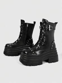ROMWE Grunge Punk Women Heeled Sandals Dark PU Punk Rivet Thick-Soled Riding Boots Women Small Goth Mid-Tube Locomotive Booties Comic-Con - Black - View 5