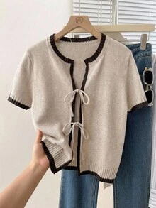Muvela Women's Casual Contrast Binding Tie-Front Short Sleeve Knit Top For Commute And Office,Midweight All Seasons Styles - Apricot - View 3