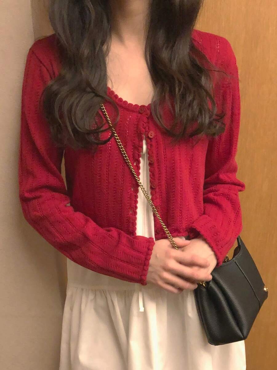 DAZY 女款素色寬鬆鏤空圓領長袖短版休閒度假針織開襟衫,春秋款 - 紅色 - 查看 1