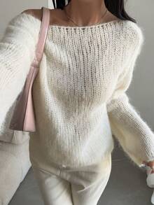 DAZY Women's Asymmetric Shoulder Loose Long Sleeve Elegant Sweater Fall - Beige - View 5