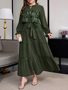 Reflora Plus Size Vacation Fashion Lace Patchwork Flared Cuff Button Dress Autumn Formal Wedding Dinner Dark Green Elegant Asean Filipiniana - Green - View 10