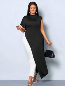 SOLERSUN Plus Size Women's Spring And Summer Solid Color Small Stand Up Collar Slit Long T-Shirt - Black - View 3