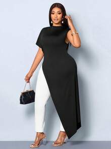SOLERSUN Plus Size Women's Spring And Summer Solid Color Small Stand Up Collar Slit Long T-Shirt - Black - View 4