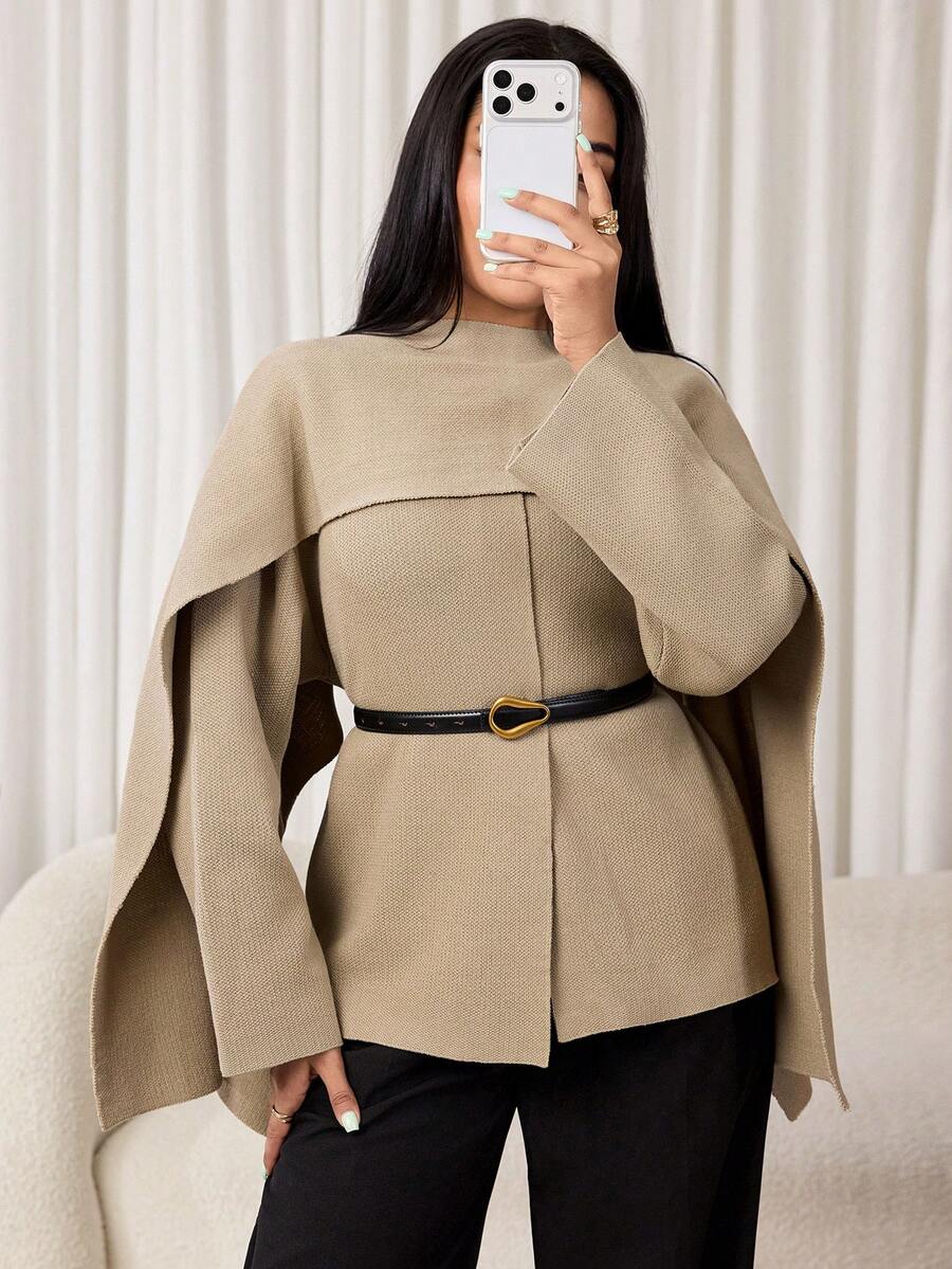 Veilorie Women's Solid Color Asymmetrical Shawl And Sweater Elegant Smart Casual Set Thanksgiving Office Beige Autumn - Khaki - View 1
