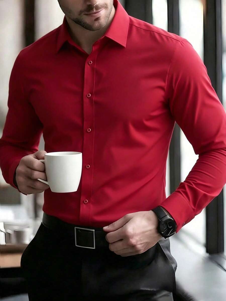 Manfinity Mode Men's Fashion Casual Long Sleeve Shirt Men's Stand-Up Collar Solid Color Button Long Sleeve Shirt, - Red - View 1