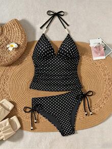 Sunnyshic Beach Party Outfits For Woman Vacation Solid Color Knitted Textured Spot Beaded Drawstring Spaghetti Strap Bikini Top Black And White Polka Dot Summer - Black - View 4