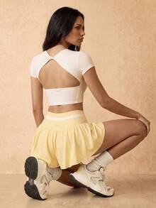 Silquee Workout Women Tops Casual Solid Color Cropped Sports T-Shirt, Summer Bustier Crop Sports Tee - White - View 5
