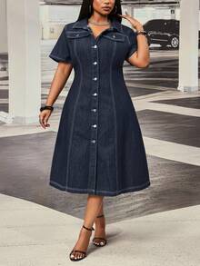 Slaydiva Plus Size Women Non-Stretch Denim Dress Cowboy Outfits For Women - Dark Wash - View 4