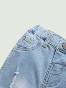 SHEIN Playful Pals Baby Boys' Light Washed Blue Distressed Stretch Denim , PocketedLightweightBreathableRelaxedEasy-CareSoftBoldChicGirlsSchoolStreetwear Pants - Light Wash - View 6