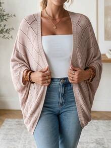 Zaforene Plus Size Women's Solid Color Casual Hollow Out Thin Cardigan, Autumn/Winter, Going Out Formal Vacation, Fall, Concert, Daily Wear Dusty Pink - Camel - View 5