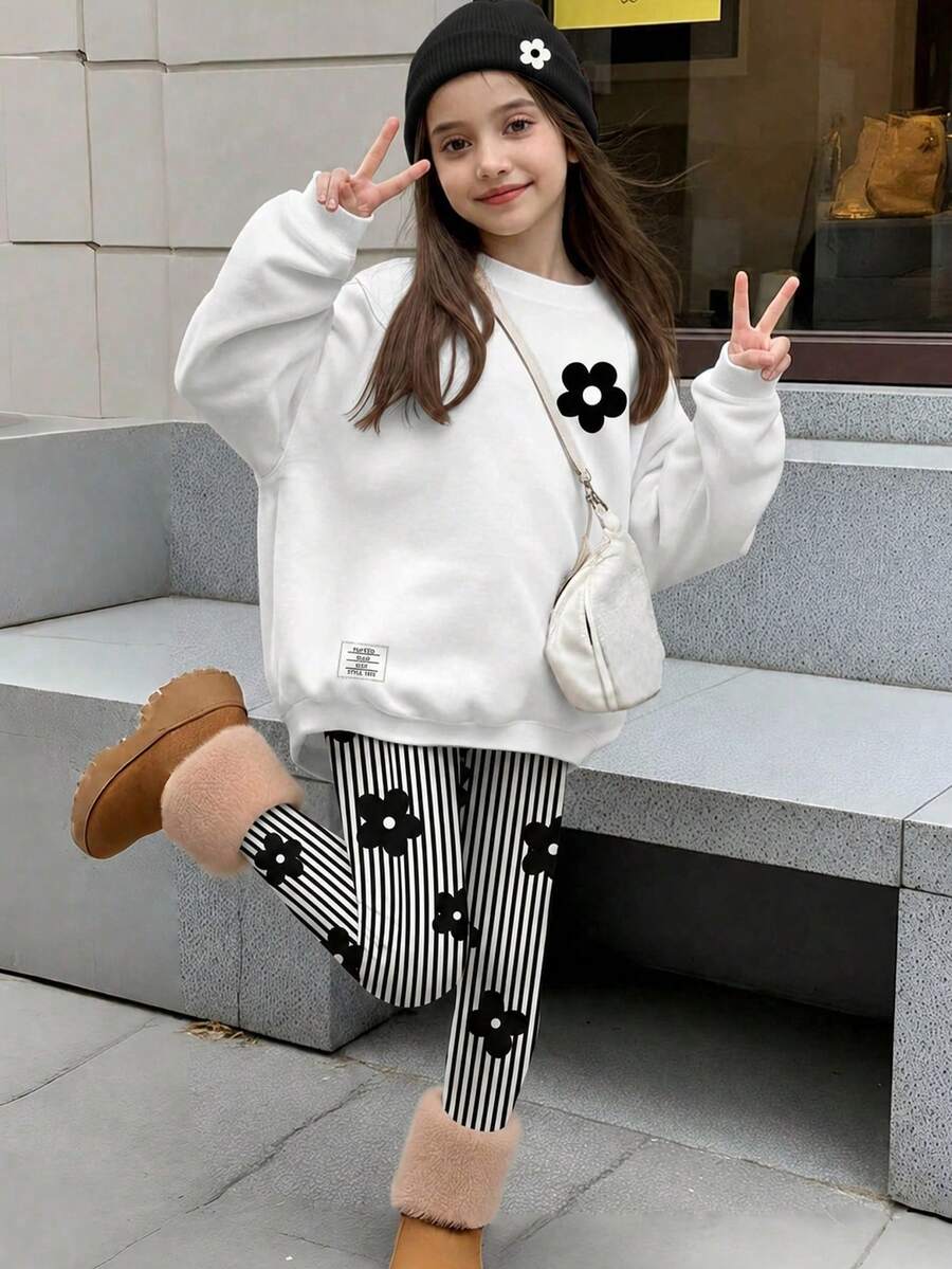 兒童青少年女孩圓領休閒老錢風落肩衛衣修身打底褲2件套 校園生日穿搭 白色 黑白配色 秋季 - 白色 - 查看 1