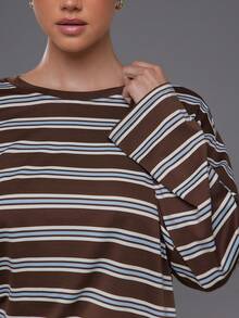 Voyena Women's Plus Size Striped Colorblock Long Sleeve Top And Shorts Casual Daily Sports Set - Coffee Brown - View 7