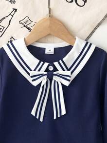 SHEIN Elladie kids 女童深藍色條紋領口兩件套 長袖領口上衣附蝴蝶結設計 搭配百褶迷你裙 秋季 7 歲生日禮物 - 藏蓝色 - 查看 8