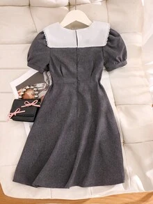 Elladie kids 優雅返校季大女孩灰色彼得潘領A字洋裝 短泡泡袖拉鍊休閒校服夏款 - 灰色 - 查看 3