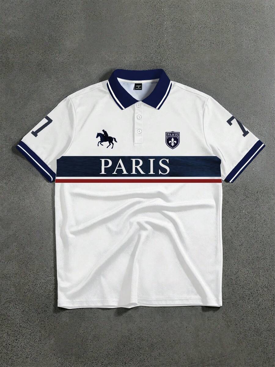 STYNVO 男士撞色字母印花短袖 Polo 衫 - 白色 - 查看 1
