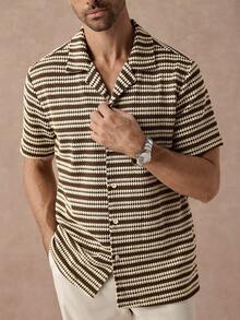 Manfinity Homme Men's Plus-Size Knitted Striped Jacquard Short-Sleeve Shirt, Brown And Beige, For Vacation, Holidays, Vintage British Gentleman Style Casual Shirt - Multicolor - View 5