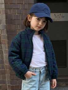 Hapijoa Young Girls Loose Basic Fluffy Thick Padded Coat With Stand Collar And Plaid Pattern, Long Sleeve, Autumn/Winter - Blue - View 1