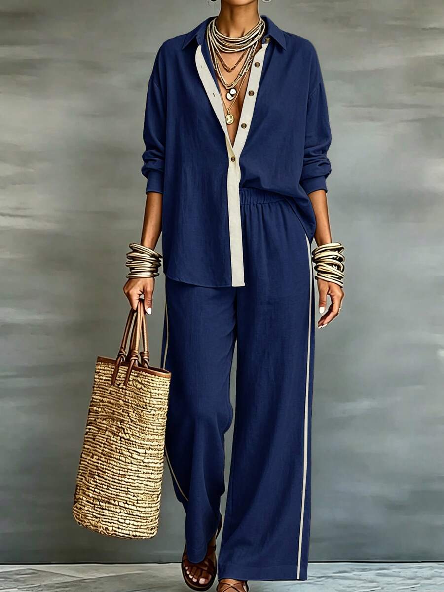 Linhara CURVE Plus-Size Women's Woven Casual Commuting Autumn Two Pieces Set Fall - Blue - View 1