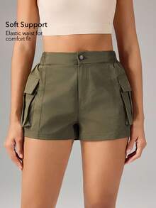 OutZeal Women Sports Shorts Gym Workout Back Elastic Waist With Pockets Cargo Shorts - Army Green - View 2