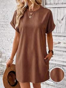 EMERY ROSE Striped Batwing Sleeve Casual Vacation Dress - Brown - View 1