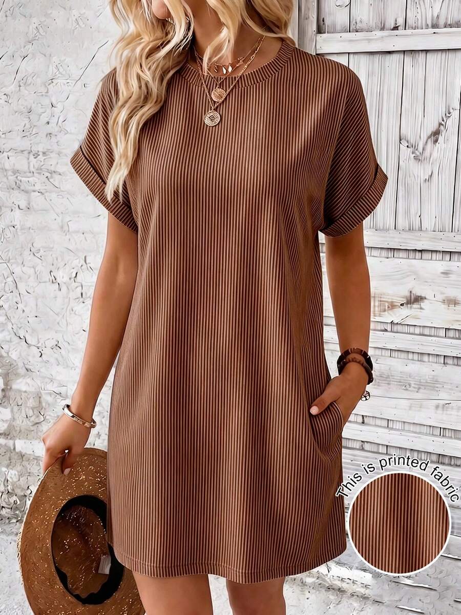 EMERY ROSE Striped Batwing Sleeve Casual Vacation Dress - Brown - View 1