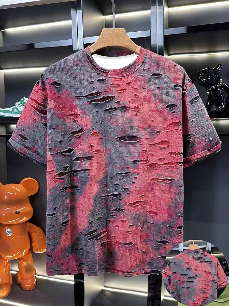 Resyla 男士漸層紮染印花圓領短袖復古美式街頭風做舊寬鬆中性T恤 Y2K千禧風灰紅紮染滿版印花落肩百搭短袖上衣 - 紅色 - 查看 1