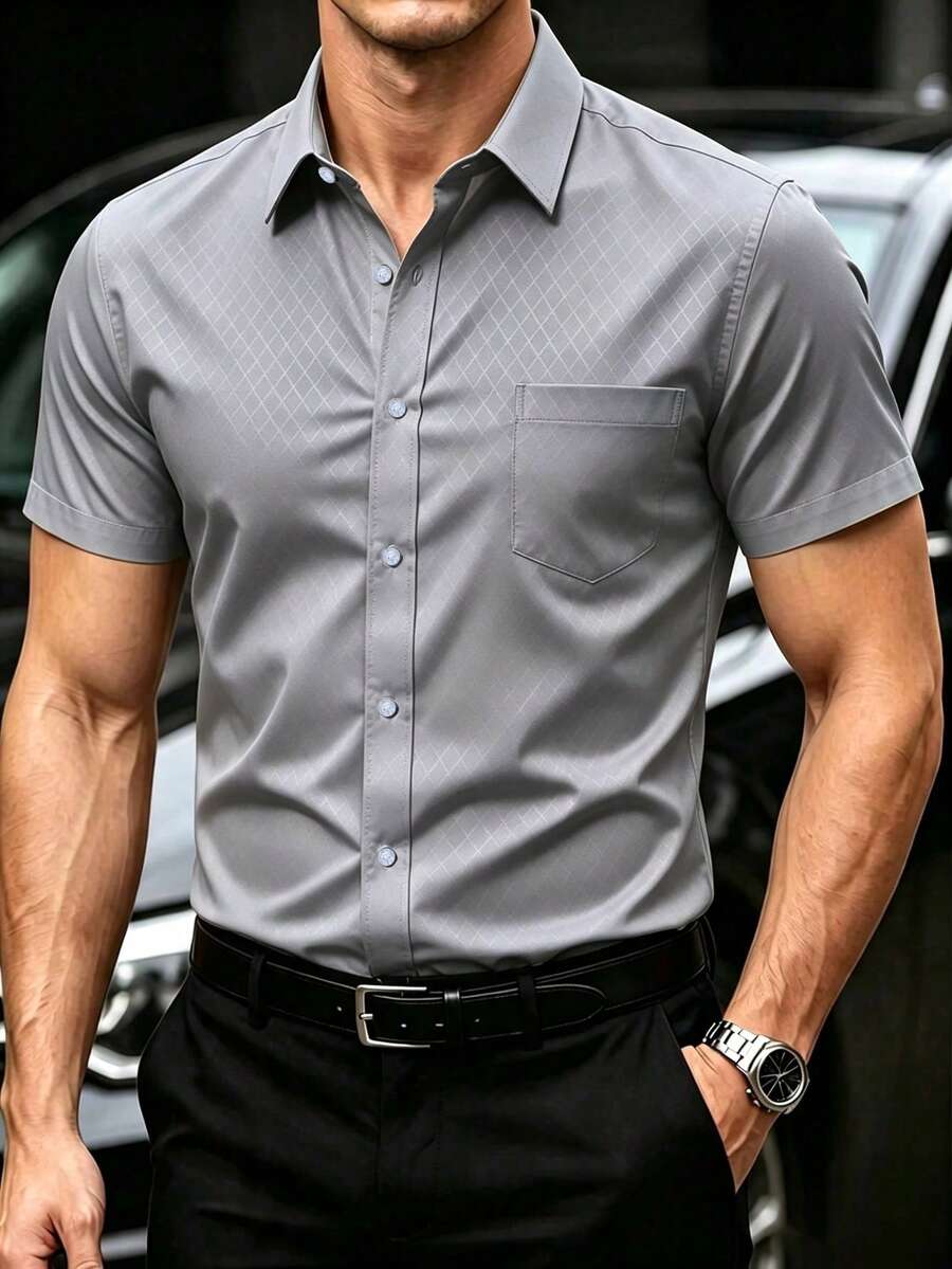 Manfinity Mode Camisa casual de manga corta con bolsillo y abotonadura sencilla para hombre (estampado patchwork) - Gris Claro - Ver 1
