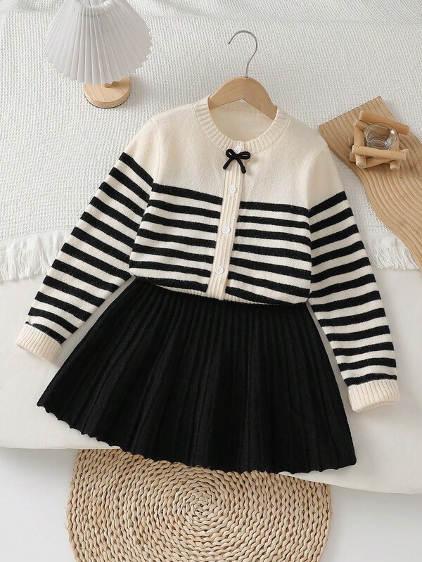 SHEIN Girls' Autumn/Winter Fashion Striped Bow Khaki Knit Sweater Long Sleeve Cardigan And Black Skirt Set, Sweet Preppy Casual Outfit