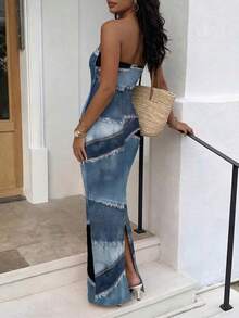 EMERY ROSE Vacation Casual Colorblock Denim Effect Print Dress - Multicolor - View 2