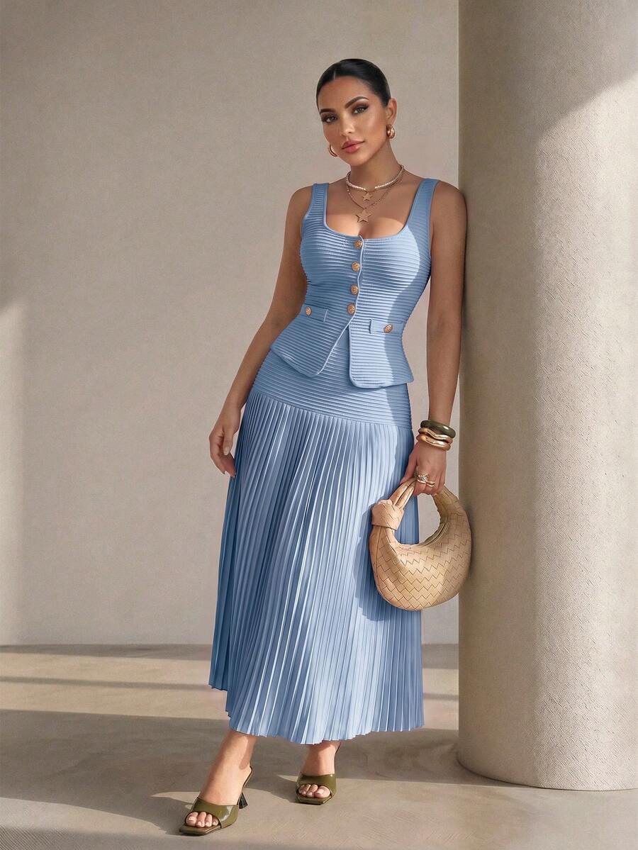 Structelle Women's Summer New Elegant Commute, Pink Knit Cardigan With Metal Buttons Sleeveless Top + Pleated Skirt - Baby Blue - View 1