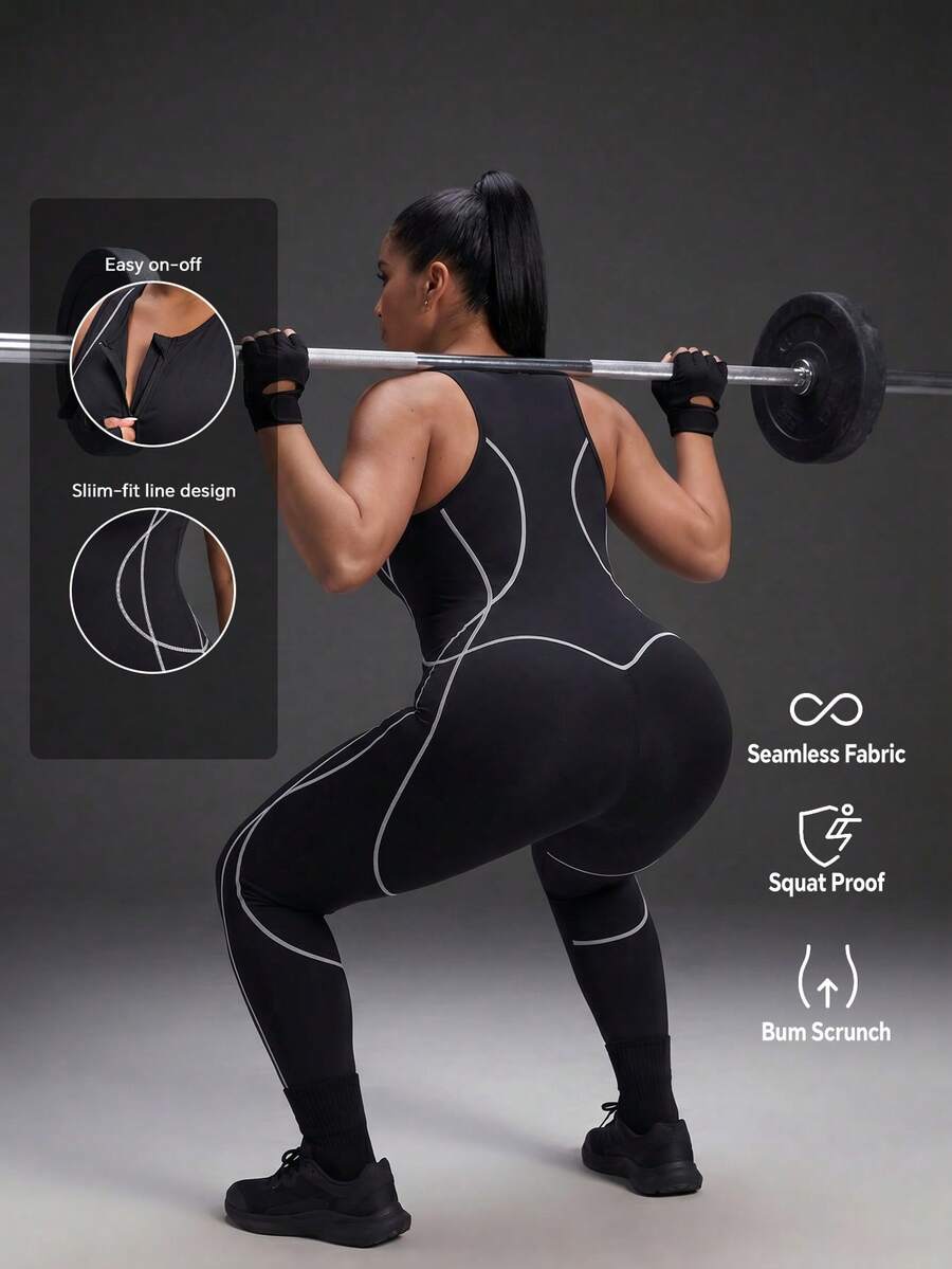 Powerista Women's Plus Size Seamless Front Zipper Black With White Line Decor Tank Top & Cropped Leggings Sports Jumpsuit