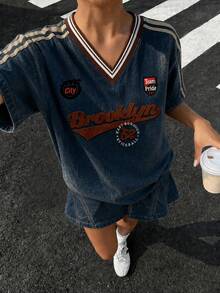 青少年女孩寬鬆休閒V領短袖T恤，適合夏季 - 彩色 - 查看 3