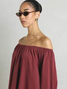KSTM Off-Shoulder Puff Sleeve Mini Dress With Tie Cuff Detail Relaxed Fit Summer Party Shift Dress - Burgundy - View 4