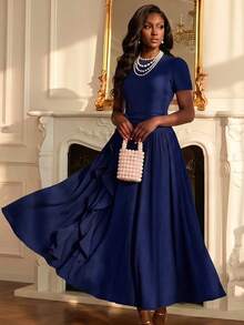 Vintamour Women's Ruffle Hem Elegant Long Dress Day Party Dinner Navy Blue Wedding Guest Dress For Women Elegant Party Blue Dress For Women Fall Winter 2026 - Blue - View 4