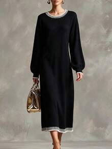 Omancia Autumn/Winter New Casual Daily Commute Black Round Neck Long Sleeve Straight A-Line White Contrast Dogtooth Trim Women's Fashion Knit Pullover Dress - Black - View 5