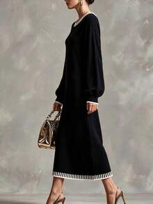 Omancia Autumn/Winter New Casual Daily Commute Black Round Neck Long Sleeve Straight A-Line White Contrast Dogtooth Trim Women's Fashion Knit Pullover Dress - Black - View 6