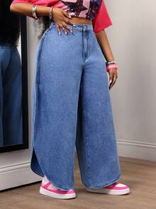 Slaydiva Plus Size Women's High Waist Loose Casual Versatile Denim Wide Leg Pants - Black - View 6
