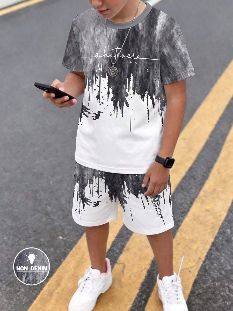 1 Set Boys' Spring/Summer Fashion New Grey & White Gradient Print Short Sleeve & Shorts 2-Piece Outfit, Cool & Stylish Summer Versatile Look, Photo-Ready Outfit, Multi-Wear Summer Style, Suitable For Daily Wear, School, Festivals, Multi-Scenario Boys' Clothing, Great Gift Choice With Atmospheric Vibe - Multicolor - View 1